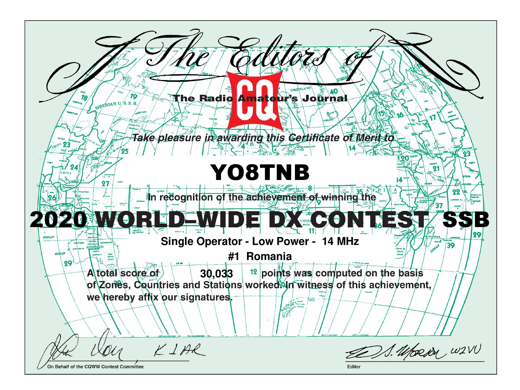 CQ WW SSB Certificate 2020
