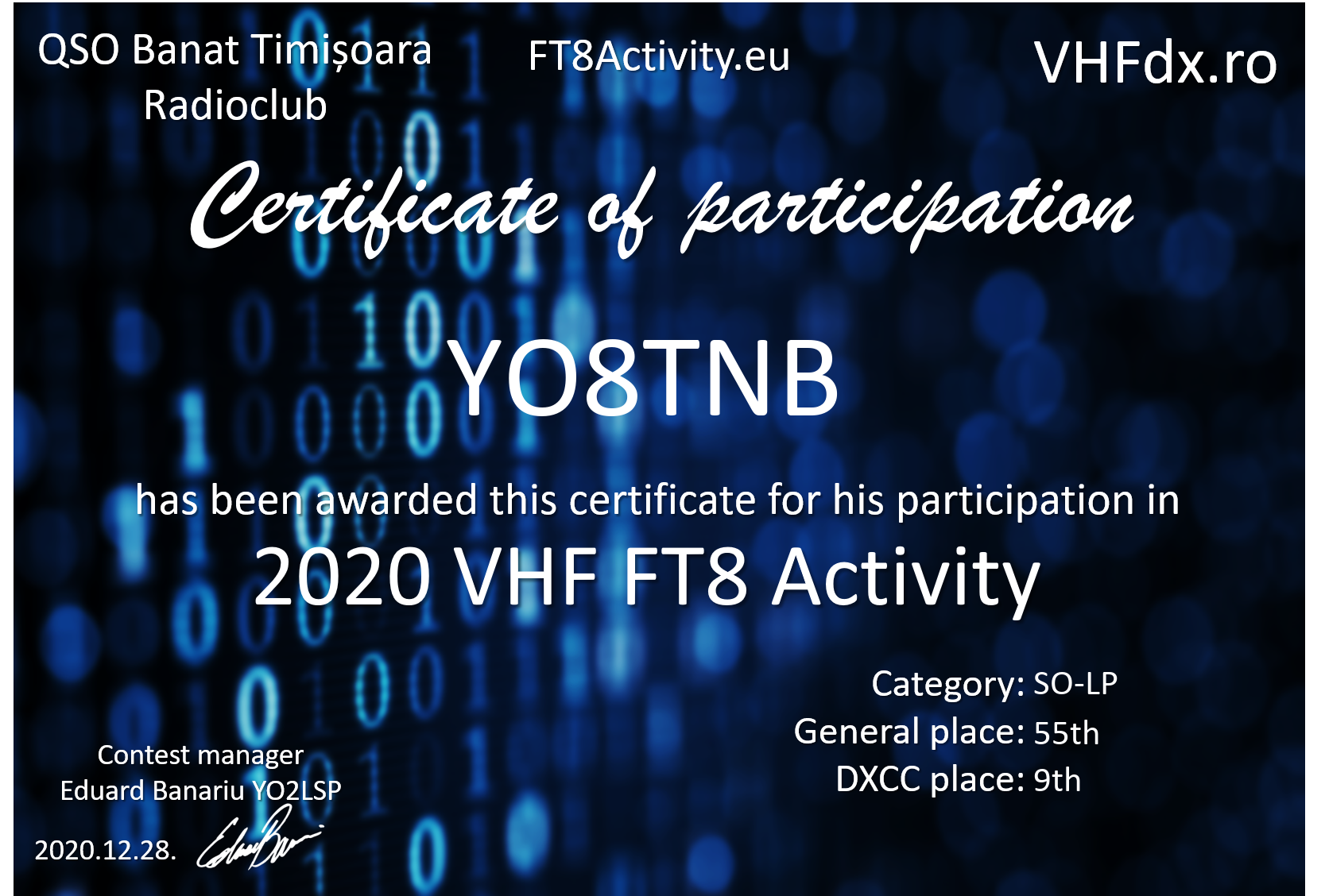 VHF FT8 Activity Contest 144MHz SO-LP 2020